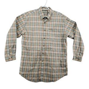 L L Bean Shirt Men's 3/4 Sleeve Button Up Reg Fit Plaid Green Blue Cream Medium